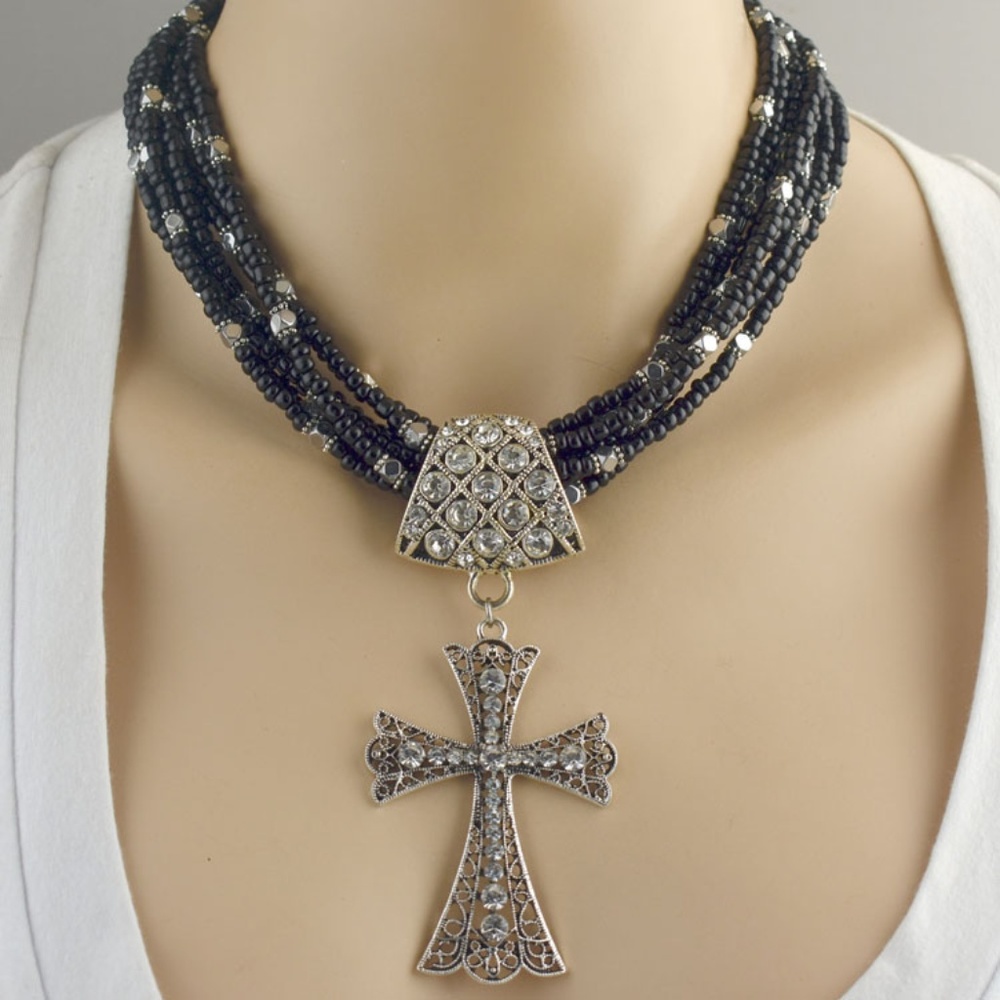 Seven Strand Seed Bead Cross Necklace Set